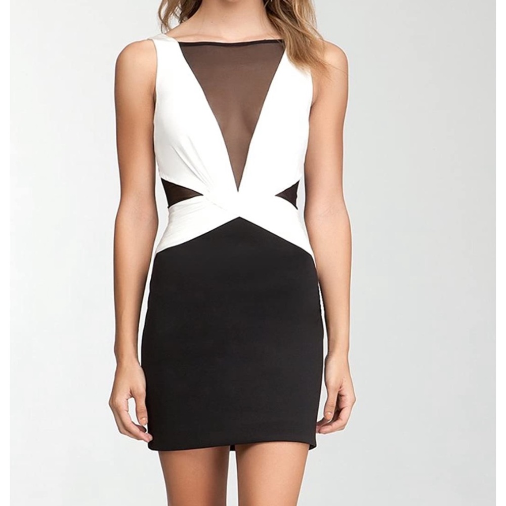 BEBE Black & White Deep V Mesh Insert Dress Small
